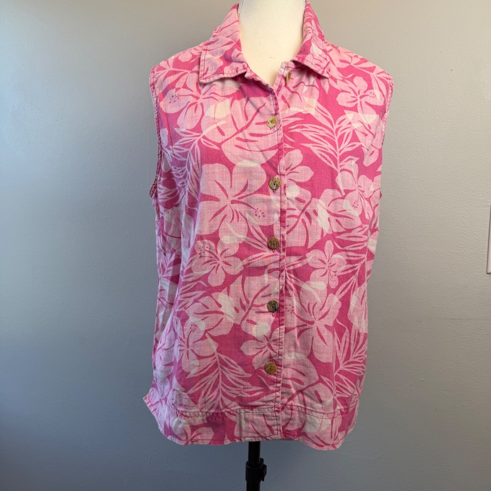 Large Pink Floral Linen Sleeveless Button Down Shirt Beach Hawaiian Summer
